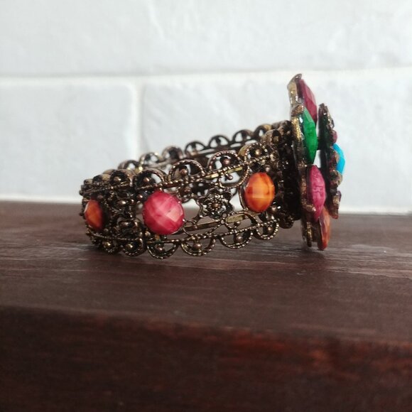 Women's colourful large flower intricate cuff bracelet brass multicolour stones - Picture 5 of 11